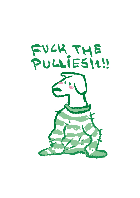 F*ck the Pullis!1!! 2 F*ck the Pullies Postkarte mit einem Hund der einen zu großen Pullover trägt