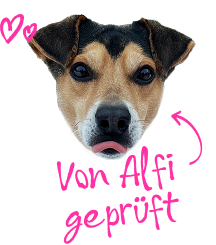 Von Alfi geprüft - Siegel mit dem Hund Alfi drauf zu sehen
